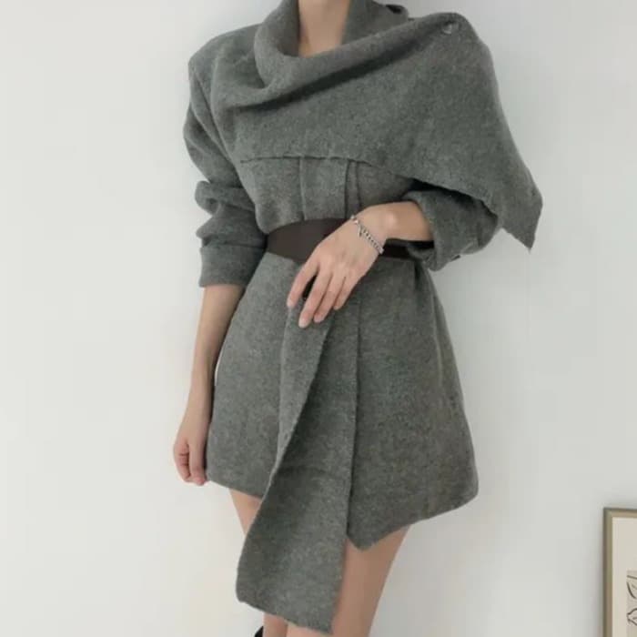 한 부서 품격 느슨함 분위기 센스 스카프 칼라 품격 느긋한 니트 카디건 코트 짧은 외투 벨트 포함 이미지 3
