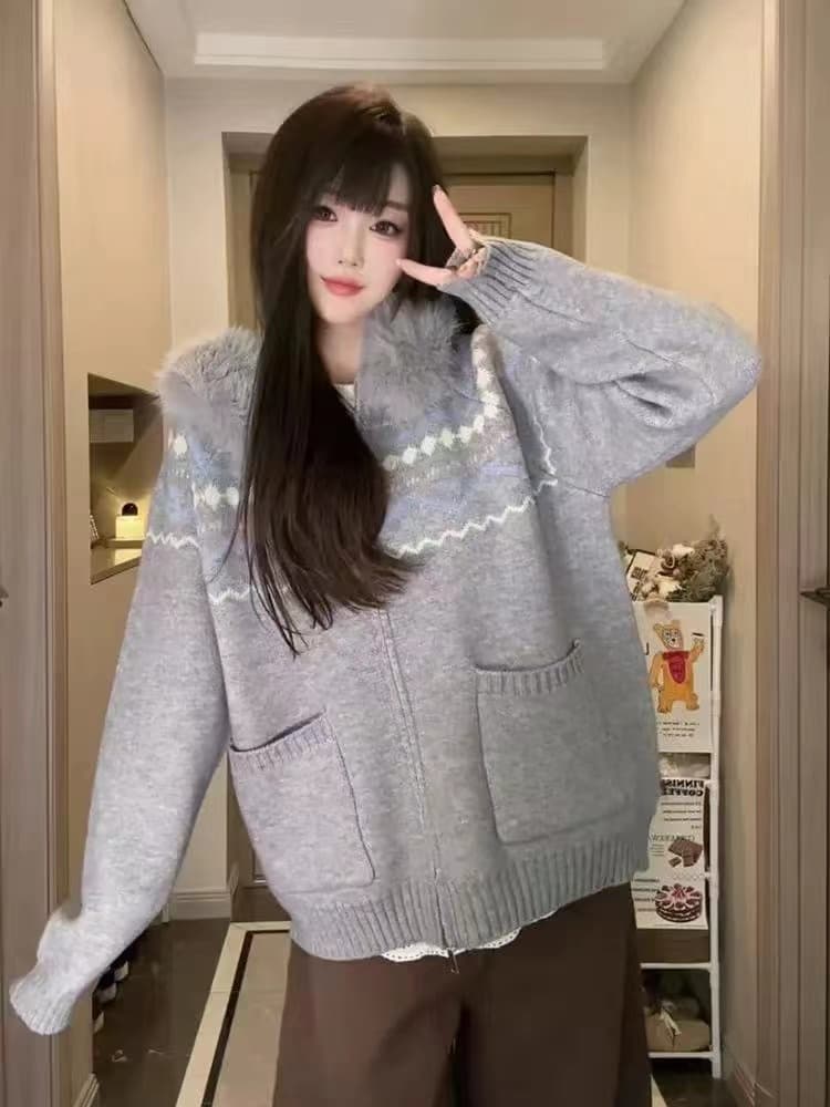 부드러운 찹쌀 레트로 프린트 공정한 섬 후드 스웨터 여성 코트 가을 겨울 루즈핏 느긋한 프로 가져 가라. 니트 오픈 가디건 맨위 이미지 4