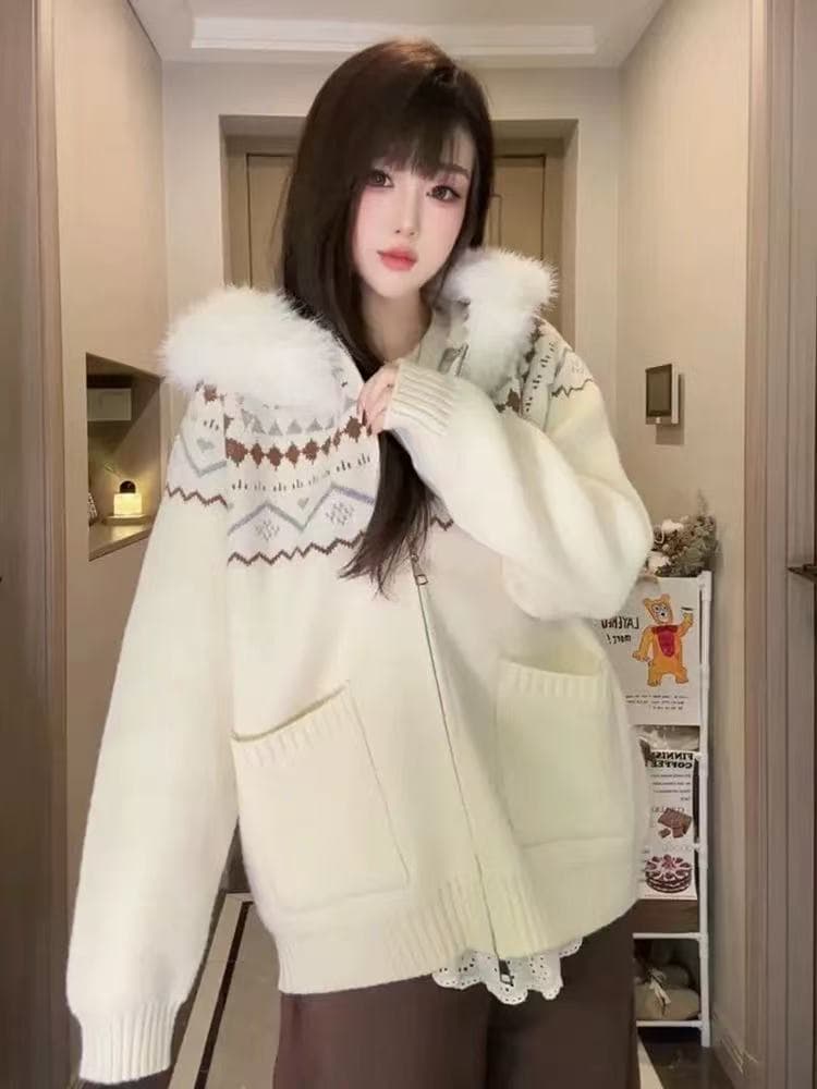 부드러운 찹쌀 레트로 프린트 공정한 섬 후드 스웨터 여성 코트 가을 겨울 루즈핏 느긋한 프로 가져 가라. 니트 오픈 가디건 맨위 상세 이미지 1