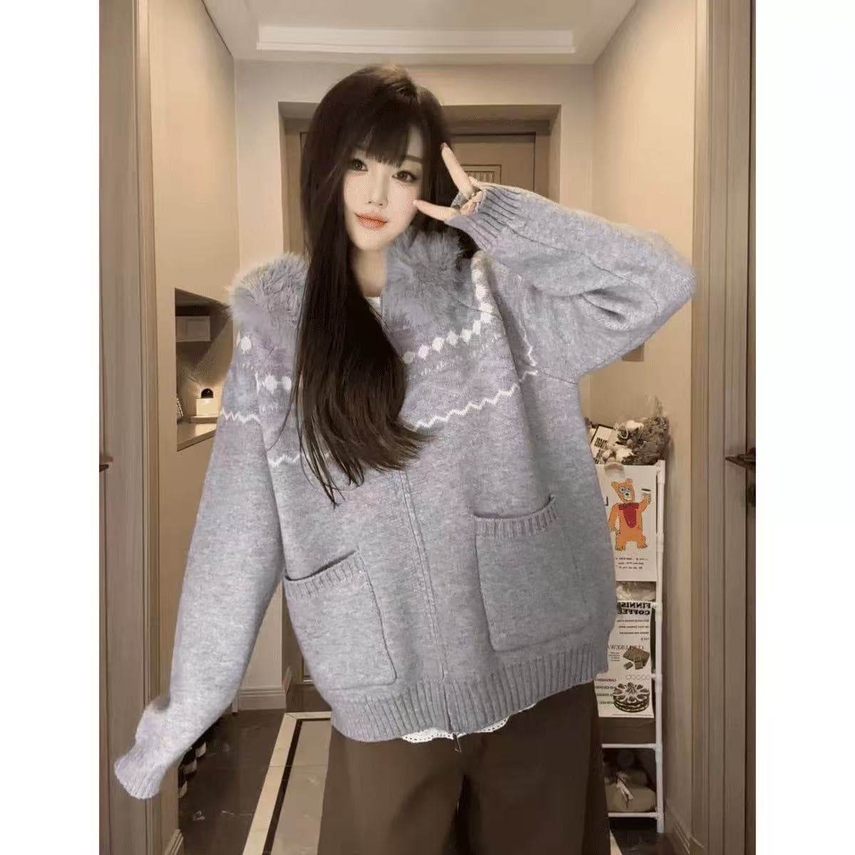 부드러운 찹쌀 레트로 프린트 공정한 섬 후드 스웨터 여성 코트 가을 겨울 루즈핏 느긋한 프로 가져 가라. 니트 오픈 가디건 맨위 상세 이미지 5