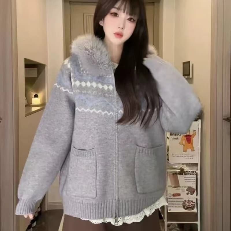 부드러운 찹쌀 레트로 프린트 공정한 섬 후드 스웨터 여성 코트 가을 겨울 루즈핏 느긋한 프로 가져 가라. 니트 오픈 가디건 맨위 상세 이미지 10