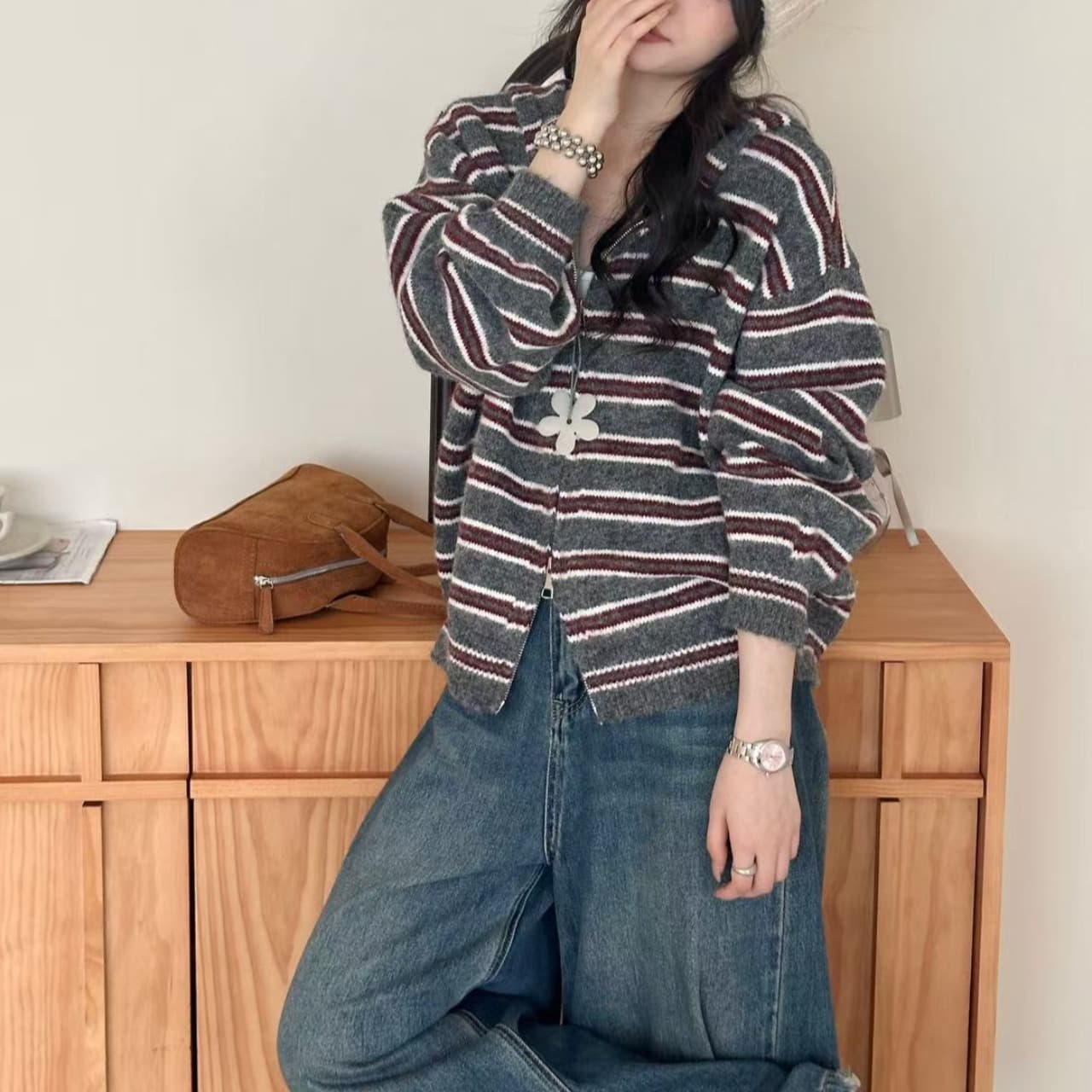 실사 한국 보 주님 스트라이프 니트 모자 셔츠 신선함 착용 가져 가라. 느긋한 루즈핏 후드 지퍼 스웨터 코트 이미지 3