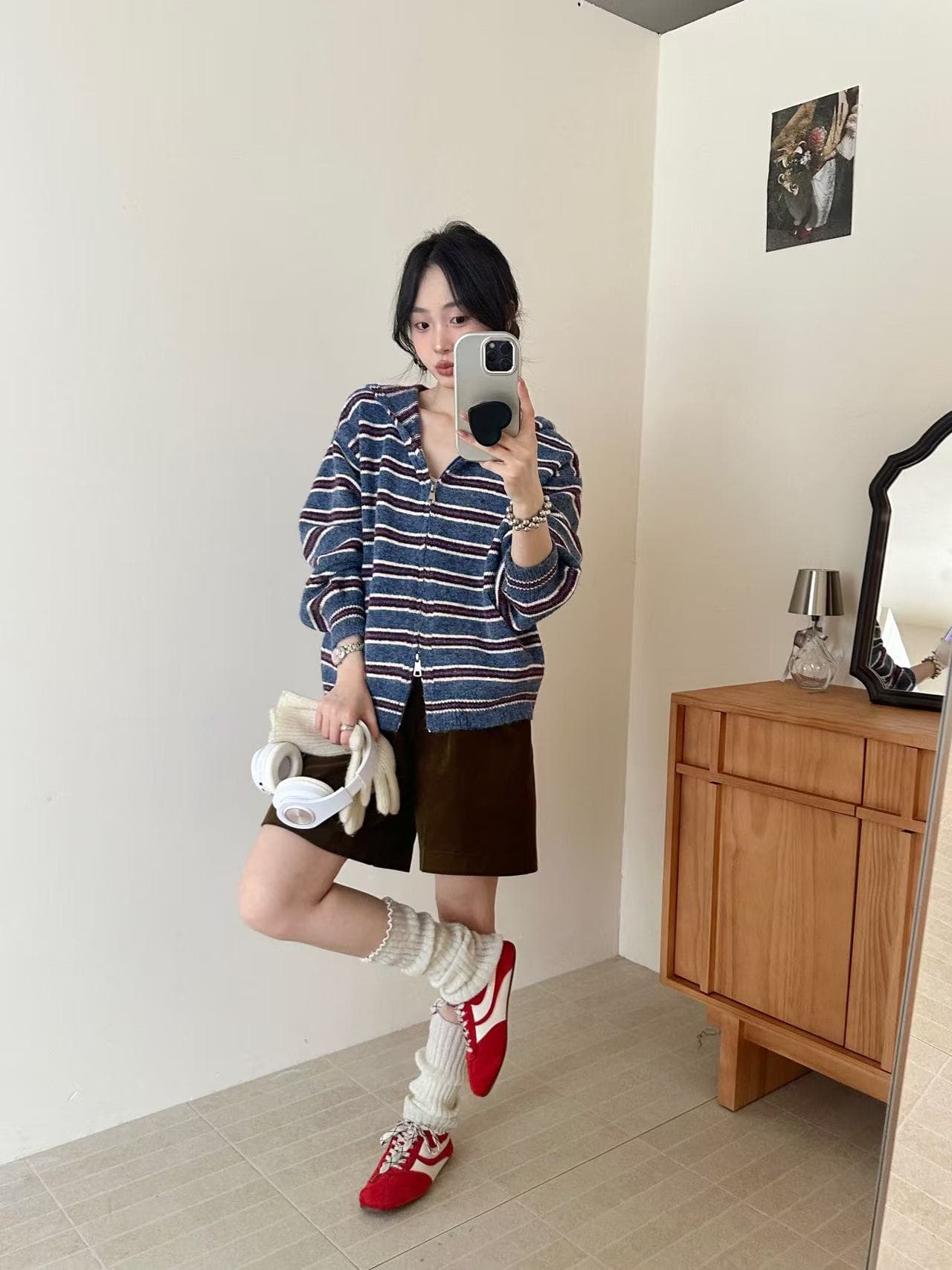 실사 한국 보 주님 스트라이프 니트 모자 셔츠 신선함 착용 가져 가라. 느긋한 루즈핏 후드 지퍼 스웨터 코트 상세 이미지 8