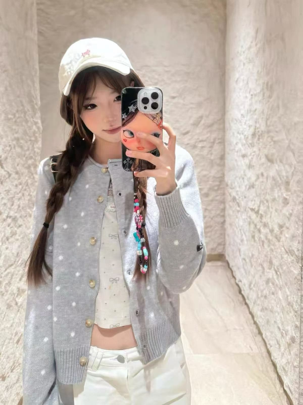 레트로 도트 무늬 자카드 스웨터 니트 오픈 가디건 여성 재킷 2026 봄 가을 느긋한 미니멀리즘 다용도 슬림해 보이는 맨위 상세 이미지 1