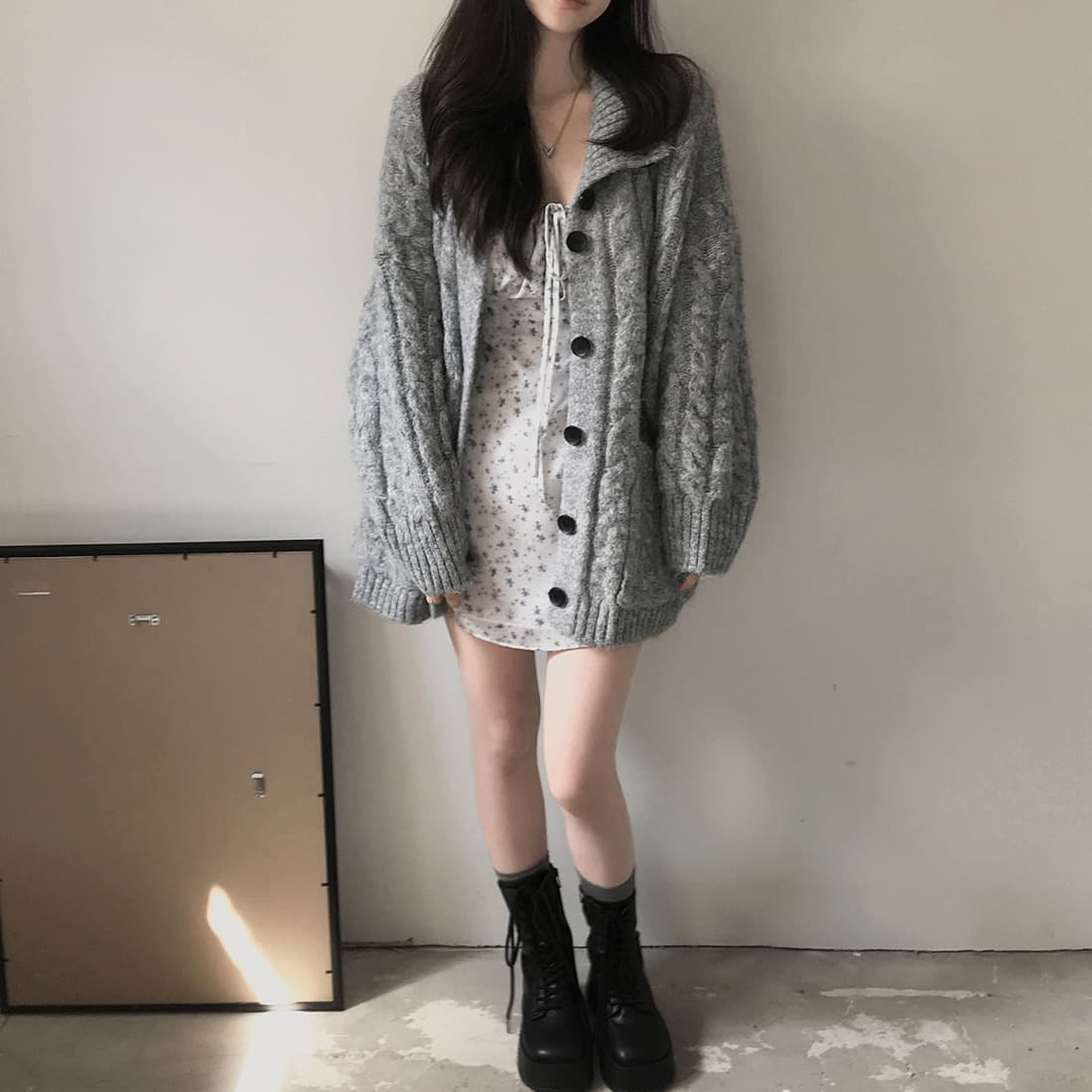 한국 chic 가을 겨울 한 부서 학원 스타일 두꺼운 꽃 루즈핏 느긋한 스웨터 카디건 코트 이미지 2