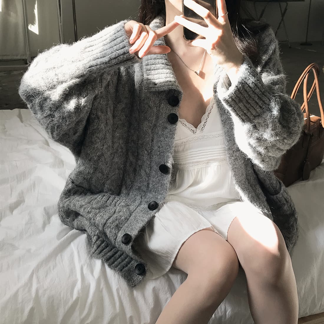 한국 chic 가을 겨울 한 부서 학원 스타일 두꺼운 꽃 루즈핏 느긋한 스웨터 카디건 코트 상세 이미지 4