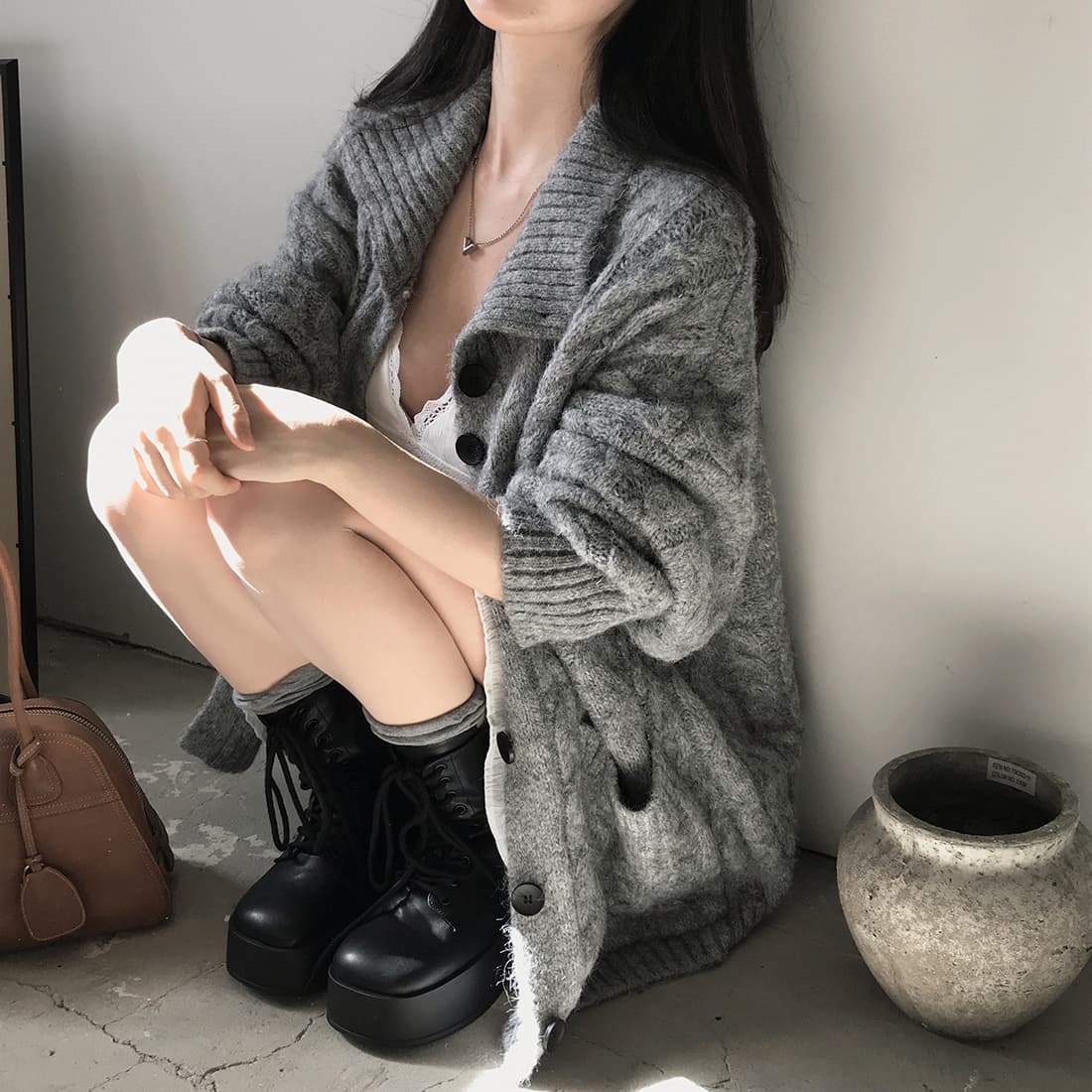 한국 chic 가을 겨울 한 부서 학원 스타일 두꺼운 꽃 루즈핏 느긋한 스웨터 카디건 코트 상세 이미지 10