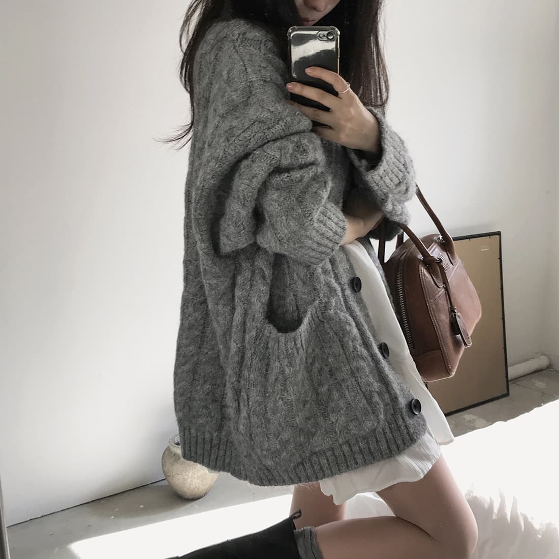 한국 chic 가을 겨울 한 부서 학원 스타일 두꺼운 꽃 루즈핏 느긋한 스웨터 카디건 코트 상세 이미지 13
