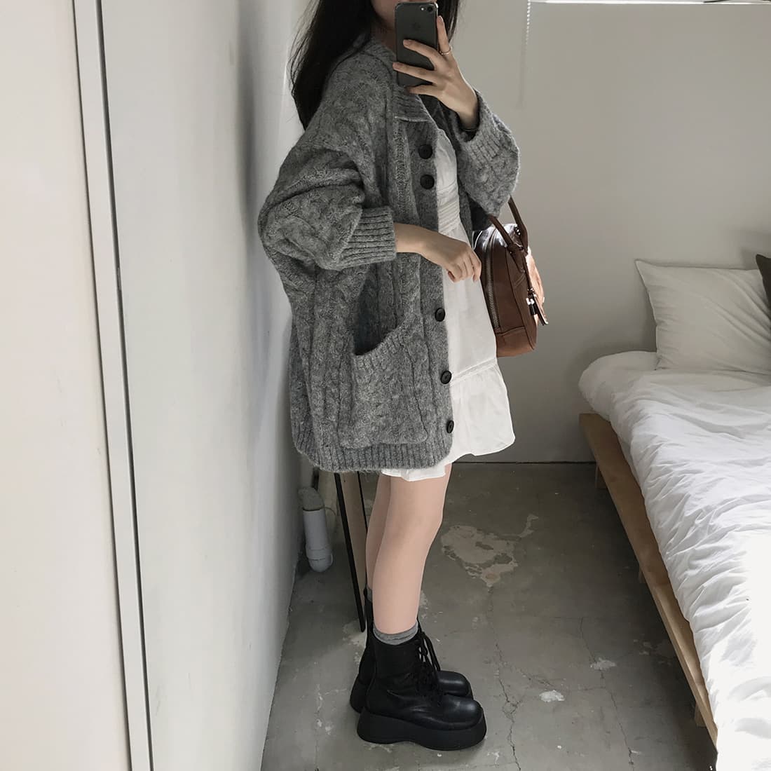 한국 chic 가을 겨울 한 부서 학원 스타일 두꺼운 꽃 루즈핏 느긋한 스웨터 카디건 코트 상세 이미지 16