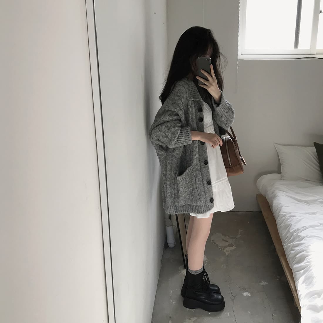 한국 chic 가을 겨울 한 부서 학원 스타일 두꺼운 꽃 루즈핏 느긋한 스웨터 카디건 코트 상세 이미지 17