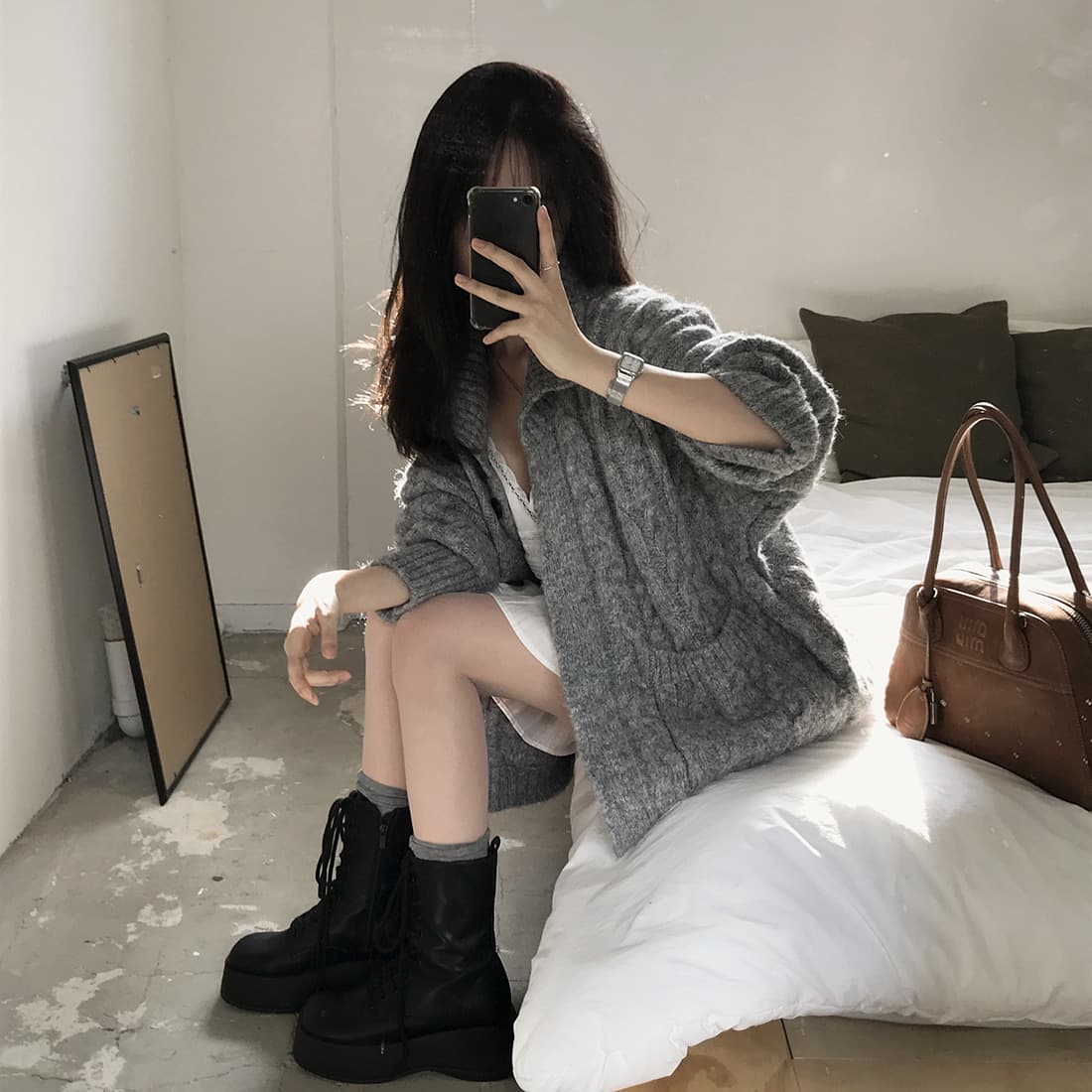 한국 chic 가을 겨울 한 부서 학원 스타일 두꺼운 꽃 루즈핏 느긋한 스웨터 카디건 코트 상세 이미지 21