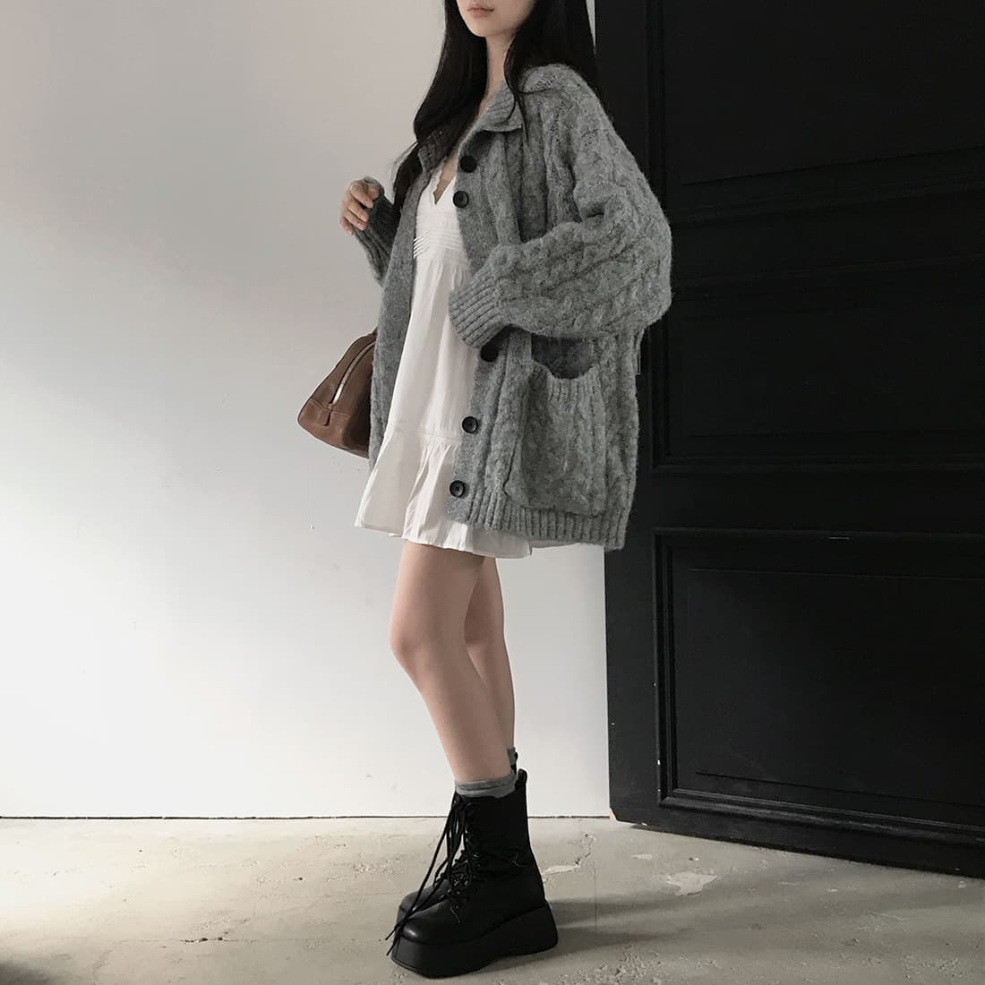 한국 chic 가을 겨울 한 부서 학원 스타일 두꺼운 꽃 루즈핏 느긋한 스웨터 카디건 코트 상세 이미지 27