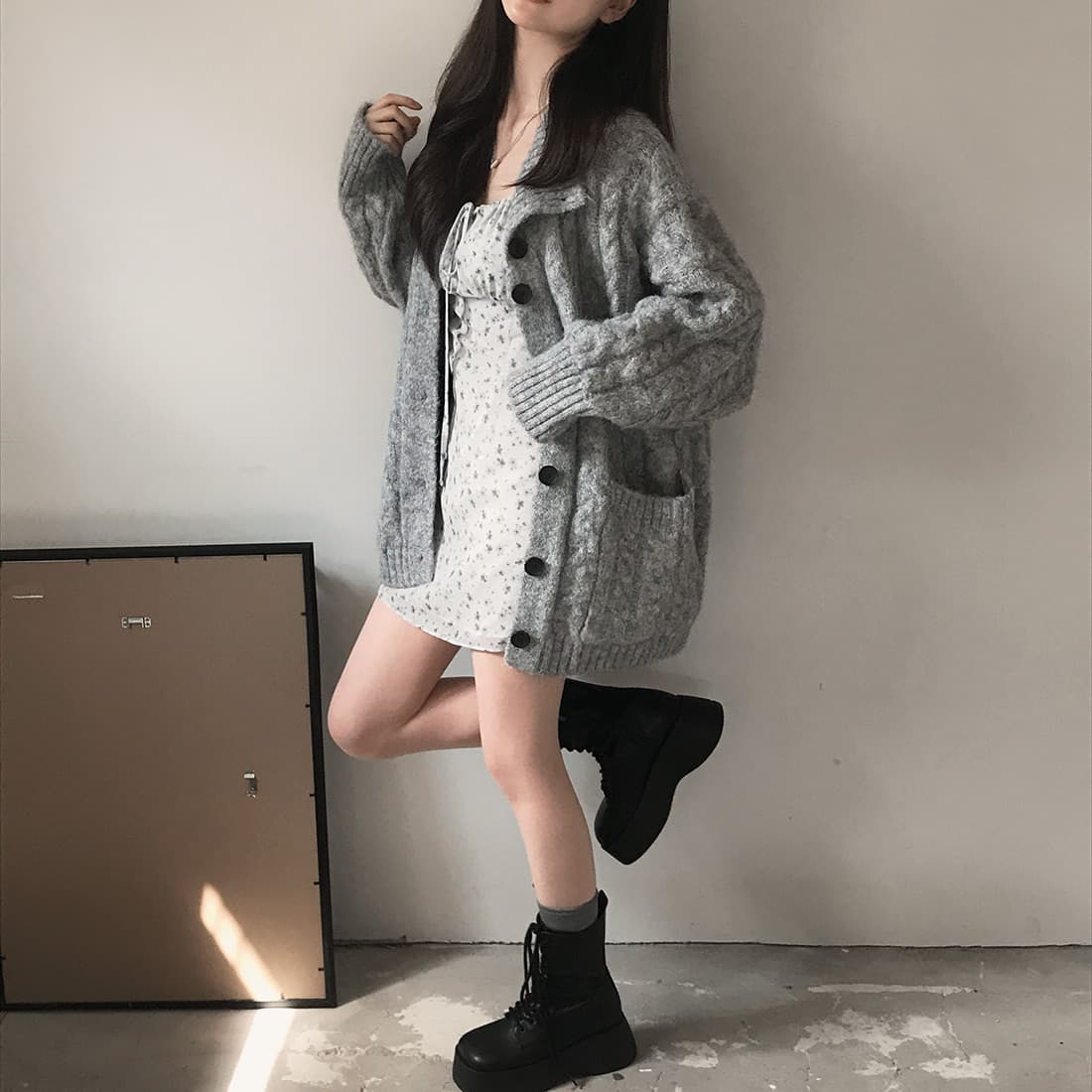 한국 chic 가을 겨울 한 부서 학원 스타일 두꺼운 꽃 루즈핏 느긋한 스웨터 카디건 코트 상세 이미지 47