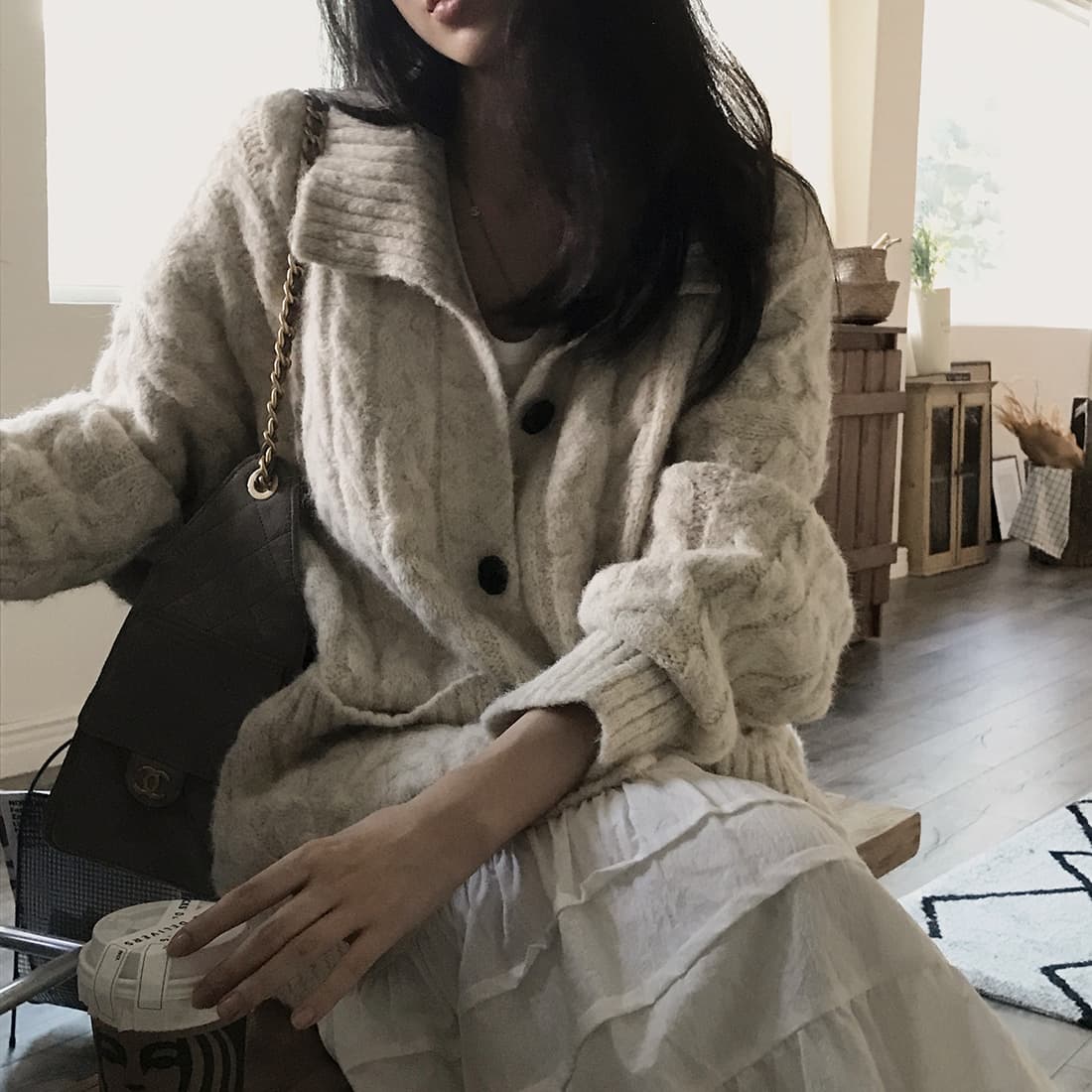 한국 chic 가을 겨울 한 부서 학원 스타일 두꺼운 꽃 루즈핏 느긋한 스웨터 카디건 코트 상세 이미지 50