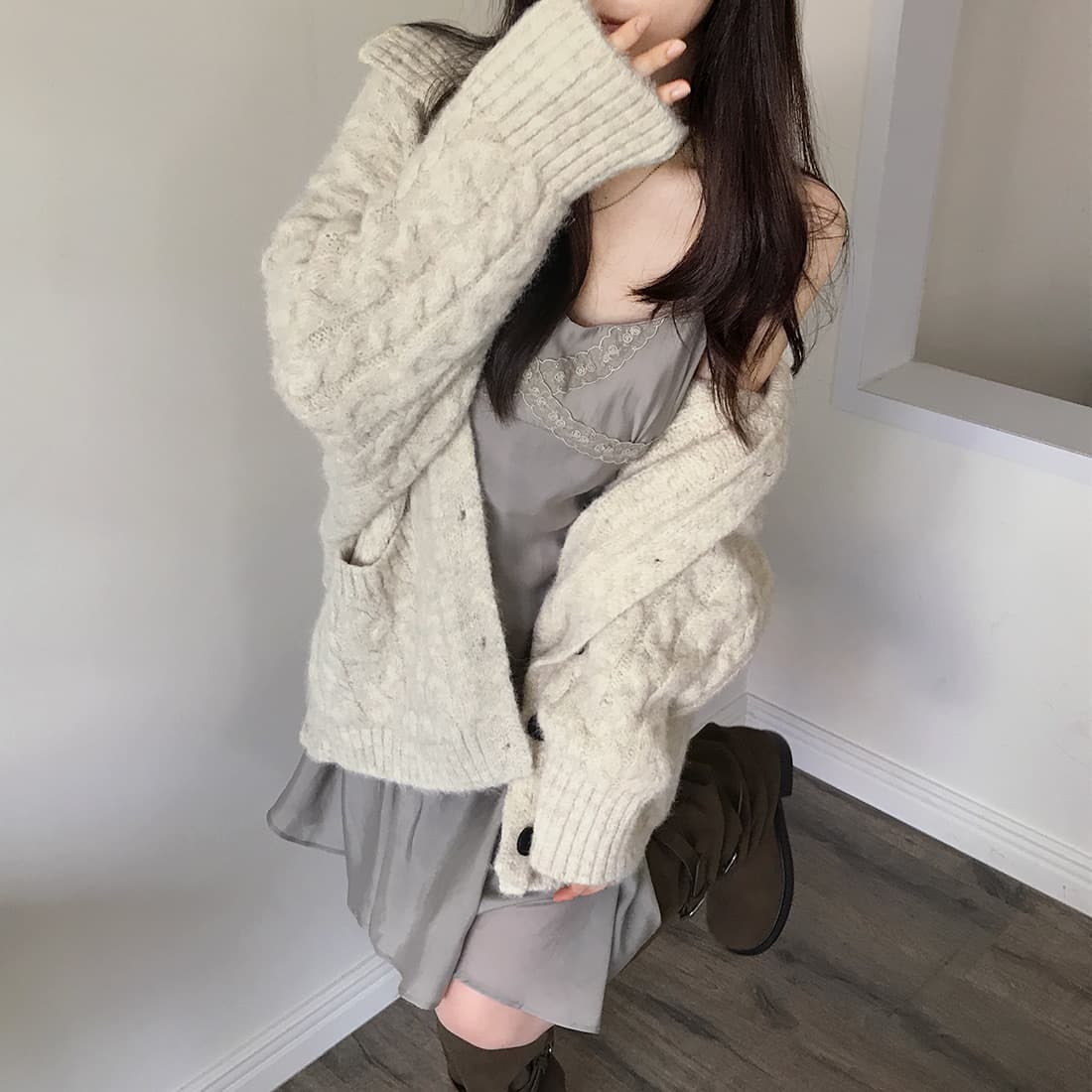 한국 chic 가을 겨울 한 부서 학원 스타일 두꺼운 꽃 루즈핏 느긋한 스웨터 카디건 코트 상세 이미지 70