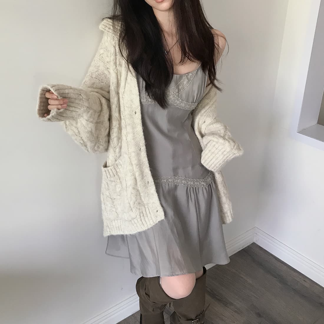 한국 chic 가을 겨울 한 부서 학원 스타일 두꺼운 꽃 루즈핏 느긋한 스웨터 카디건 코트 상세 이미지 72