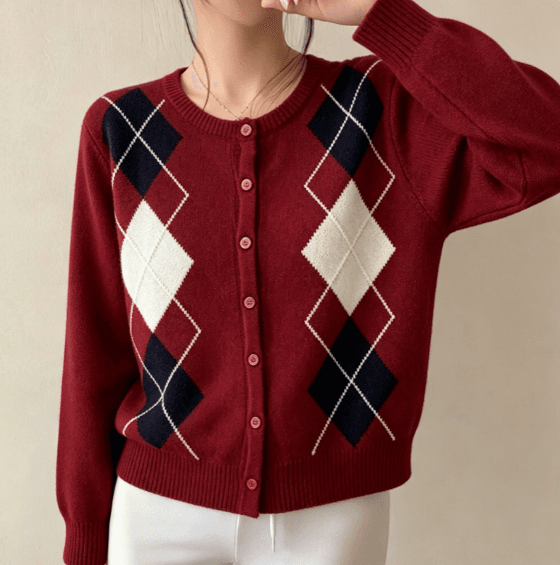 실사 한국 ins 레트로 링 그리드 자카드 라운드 넥 긴팔 니트 오픈 가디건 여성 상세 이미지 9