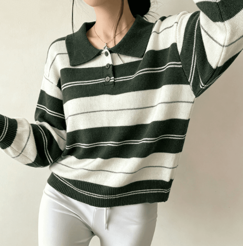 실사 한국 보 주님 느슨함 센스 폴로 칼라 스트라이프 스웨터 여자 부드러운 찹쌀 배색 polo 풀오버 니트 맨위 이미지 2
