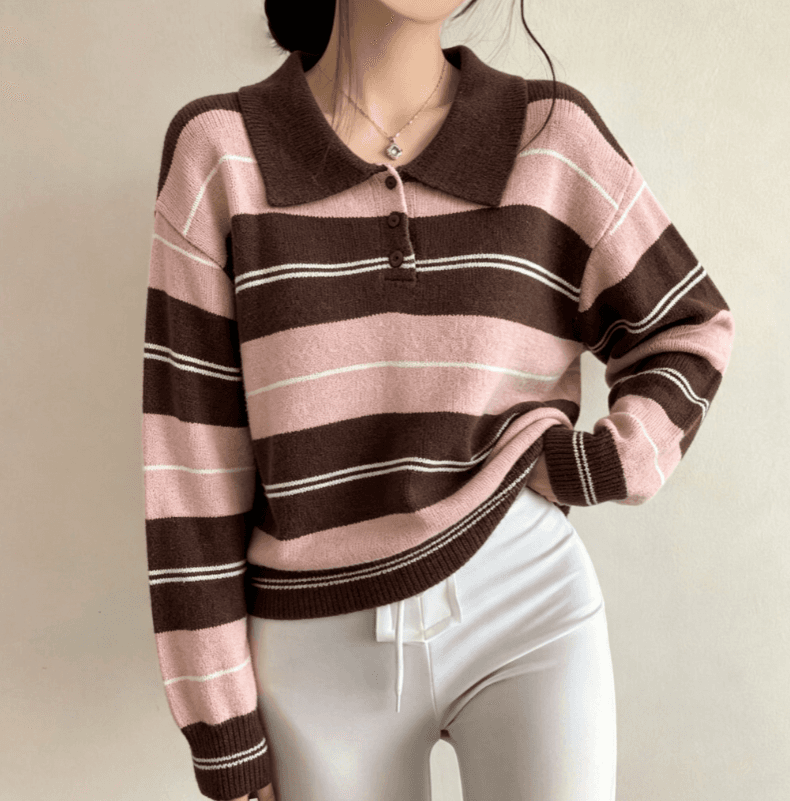 실사 한국 보 주님 느슨함 센스 폴로 칼라 스트라이프 스웨터 여자 부드러운 찹쌀 배색 polo 풀오버 니트 맨위 상세 이미지 1