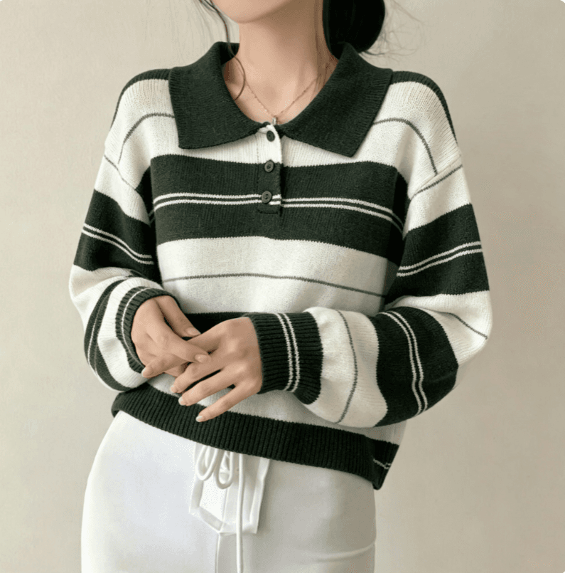 실사 한국 보 주님 느슨함 센스 폴로 칼라 스트라이프 스웨터 여자 부드러운 찹쌀 배색 polo 풀오버 니트 맨위 상세 이미지 3