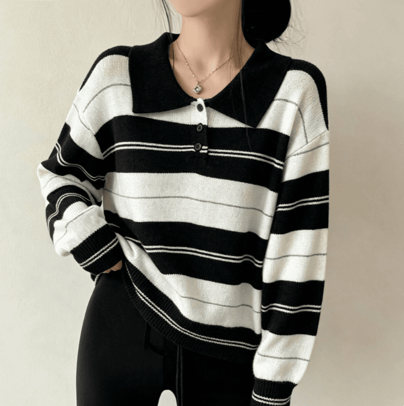 실사 한국 보 주님 느슨함 센스 폴로 칼라 스트라이프 스웨터 여자 부드러운 찹쌀 배색 polo 풀오버 니트 맨위 상세 이미지 5