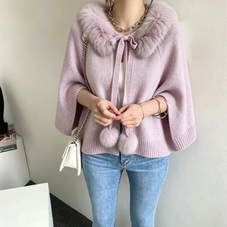 실사 한국 ins 큰 모피 칼라 후드 숄 망토 부드러운 털 공 니트 오픈 가디건 외부 잡아라. 의류 이미지 3