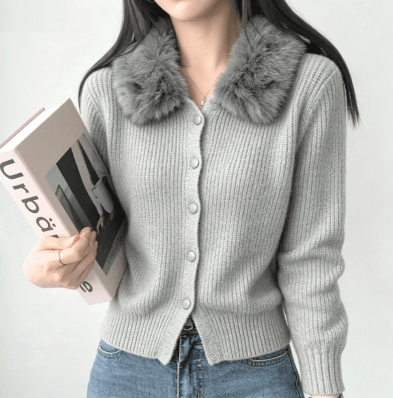 실사 한국 보 주님 큰 모피 칼라 니트 오픈 가디건 레트로 수직 곡물 몸매 가꾸기 단추 스웨터 코트 이미지 3