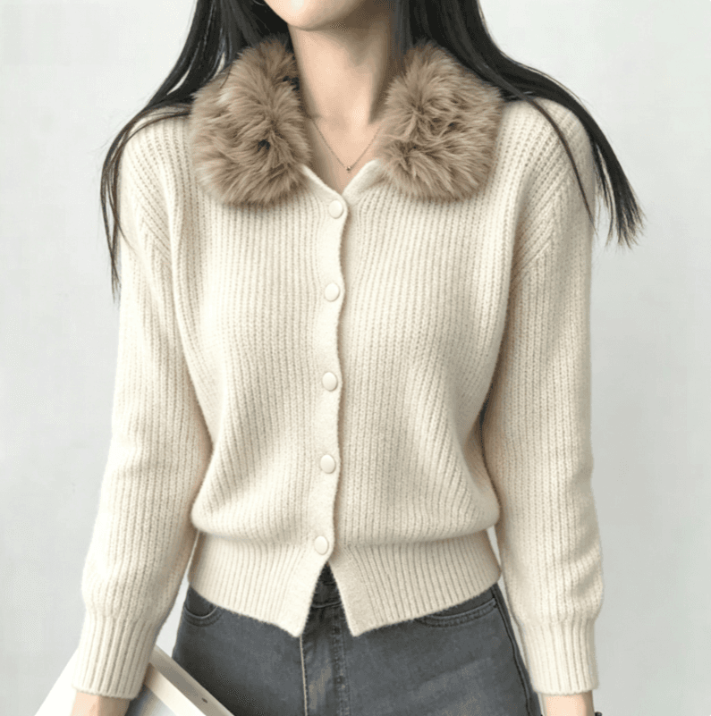 실사 한국 보 주님 큰 모피 칼라 니트 오픈 가디건 레트로 수직 곡물 몸매 가꾸기 단추 스웨터 코트 이미지 4
