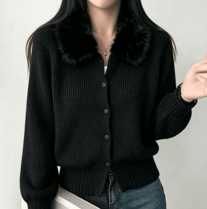 실사 한국 보 주님 큰 모피 칼라 니트 오픈 가디건 레트로 수직 곡물 몸매 가꾸기 단추 스웨터 코트 이미지 2
