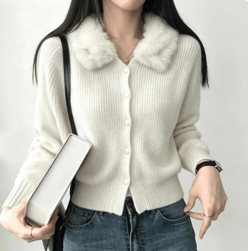 실사 한국 보 주님 큰 모피 칼라 니트 오픈 가디건 레트로 수직 곡물 몸매 가꾸기 단추 스웨터 코트 상세 이미지 1