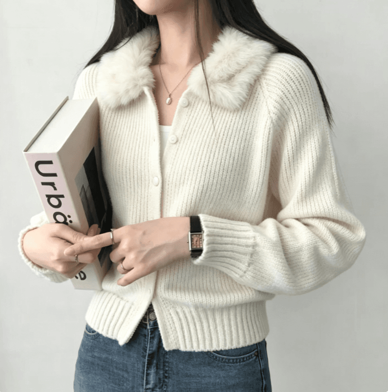 실사 한국 보 주님 큰 모피 칼라 니트 오픈 가디건 레트로 수직 곡물 몸매 가꾸기 단추 스웨터 코트 상세 이미지 2