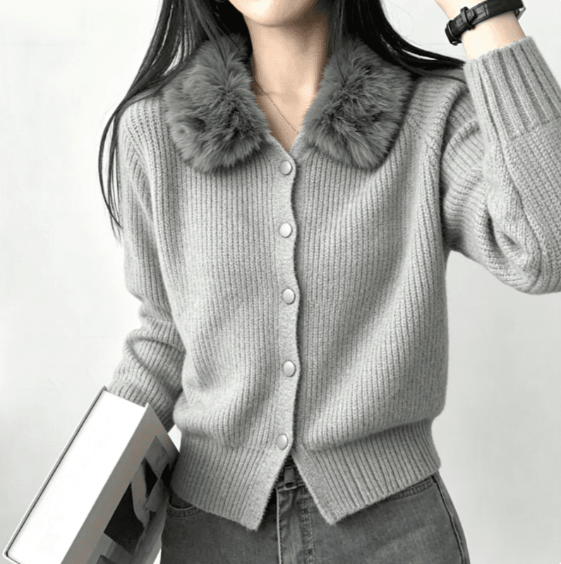 실사 한국 보 주님 큰 모피 칼라 니트 오픈 가디건 레트로 수직 곡물 몸매 가꾸기 단추 스웨터 코트 상세 이미지 4