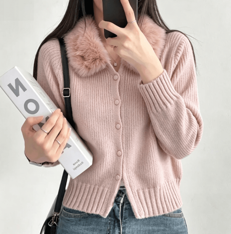 실사 한국 보 주님 큰 모피 칼라 니트 오픈 가디건 레트로 수직 곡물 몸매 가꾸기 단추 스웨터 코트 상세 이미지 6
