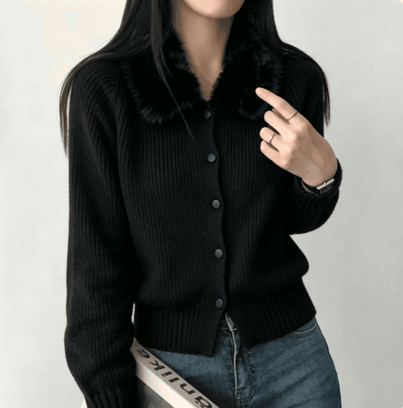 실사 한국 보 주님 큰 모피 칼라 니트 오픈 가디건 레트로 수직 곡물 몸매 가꾸기 단추 스웨터 코트 상세 이미지 7