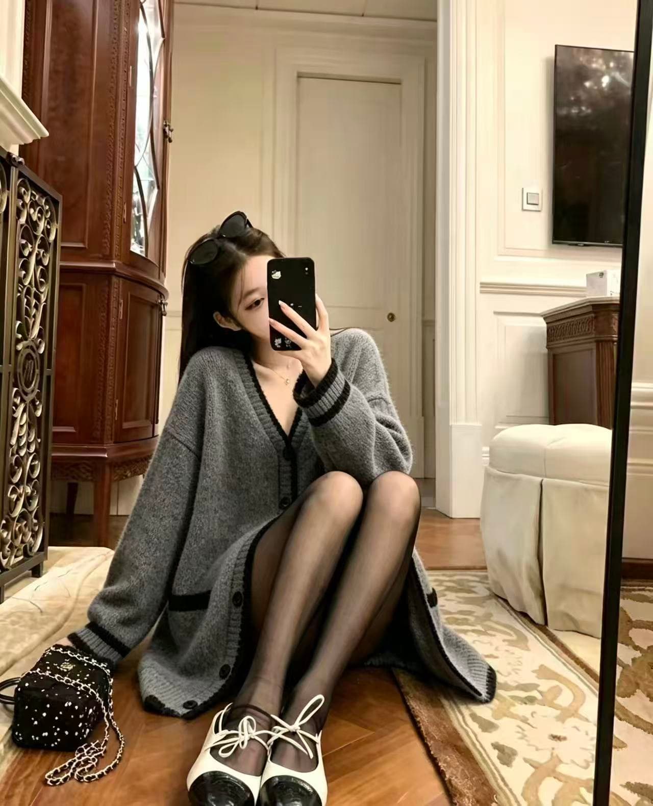 한국 동대문 작은 샤넬 스타일 배색 니트 오픈 가디건 여성 롱 코트 루즈핏 스웨터 코트 가을 겨울 상세 이미지 3