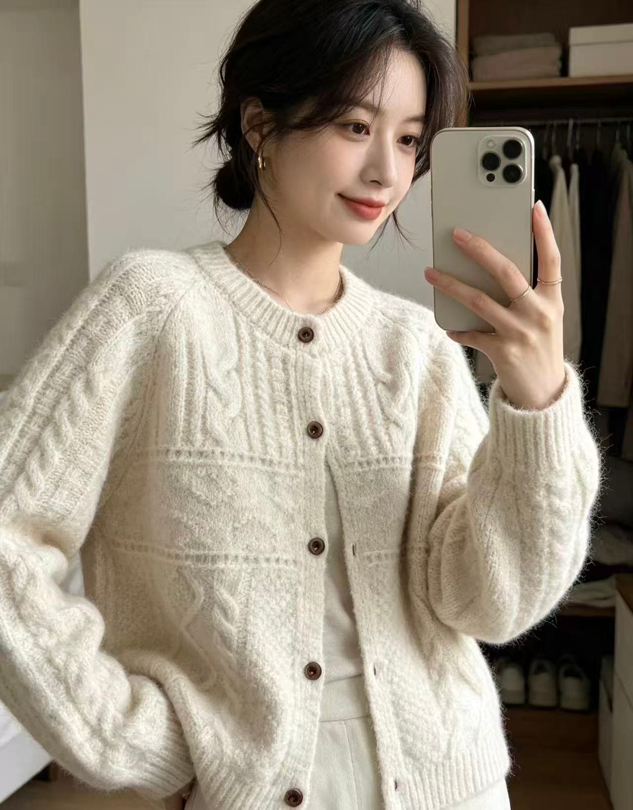 한 부서 chic 레트로 트위스트 꽃 스웨터 루즈핏 라운드 넥 니트 오픈 가디건 여성 가을 겨울 상세 이미지 3