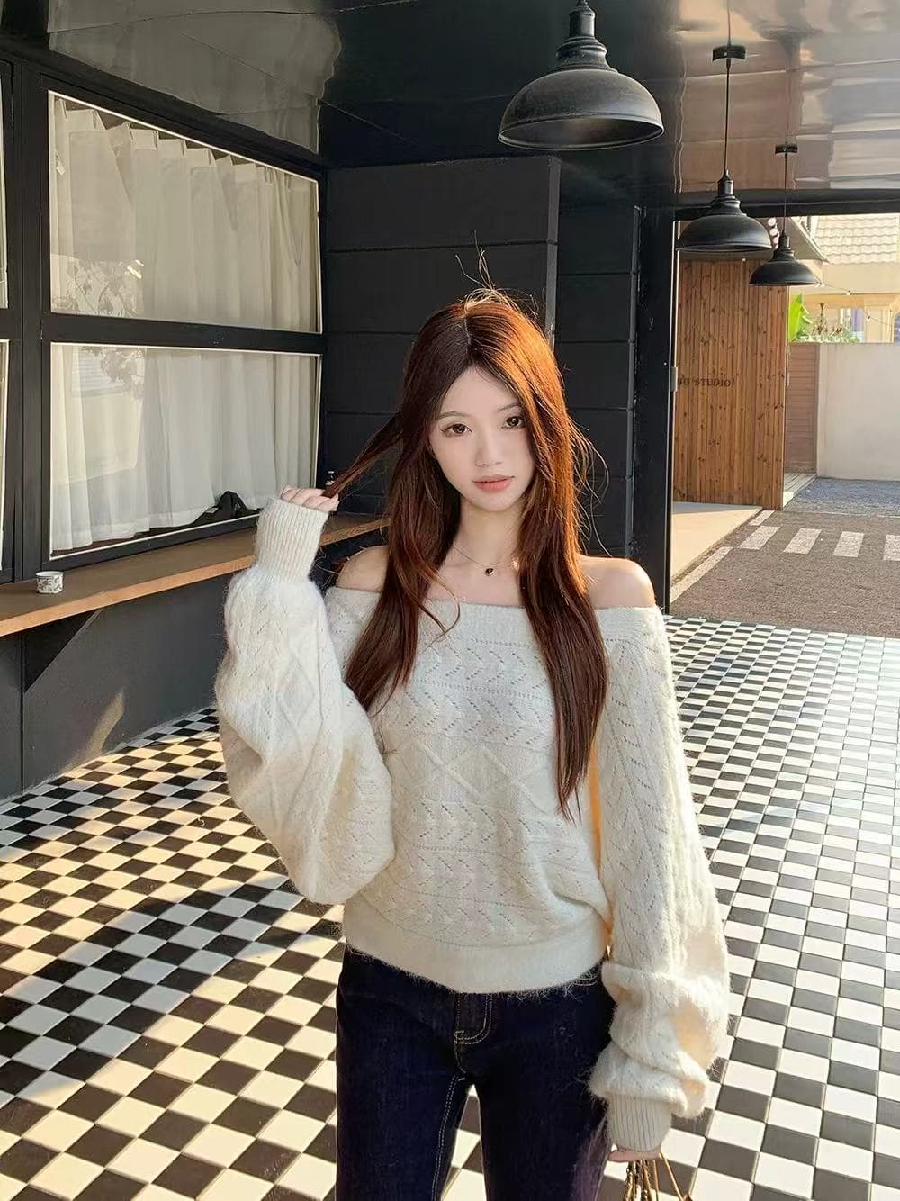 한 부서 chic 양모 니트 스웨터 여성 배트윙 소매 긴팔 스웨터 다용도 맨위 상세 이미지 8