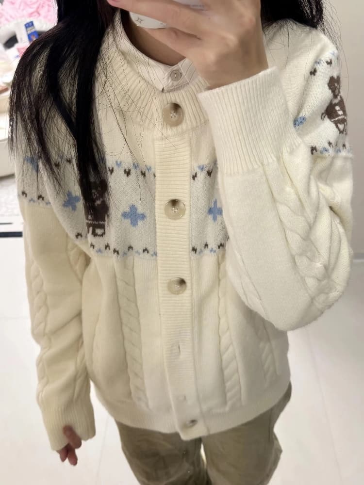 새로운 작은 곰 자카드 공정한 섬 오픈 가디건 스웨터 여자 겨울 새로운 부드러운 찹쌀 바람 니트 맨위 재킷 이미지 4