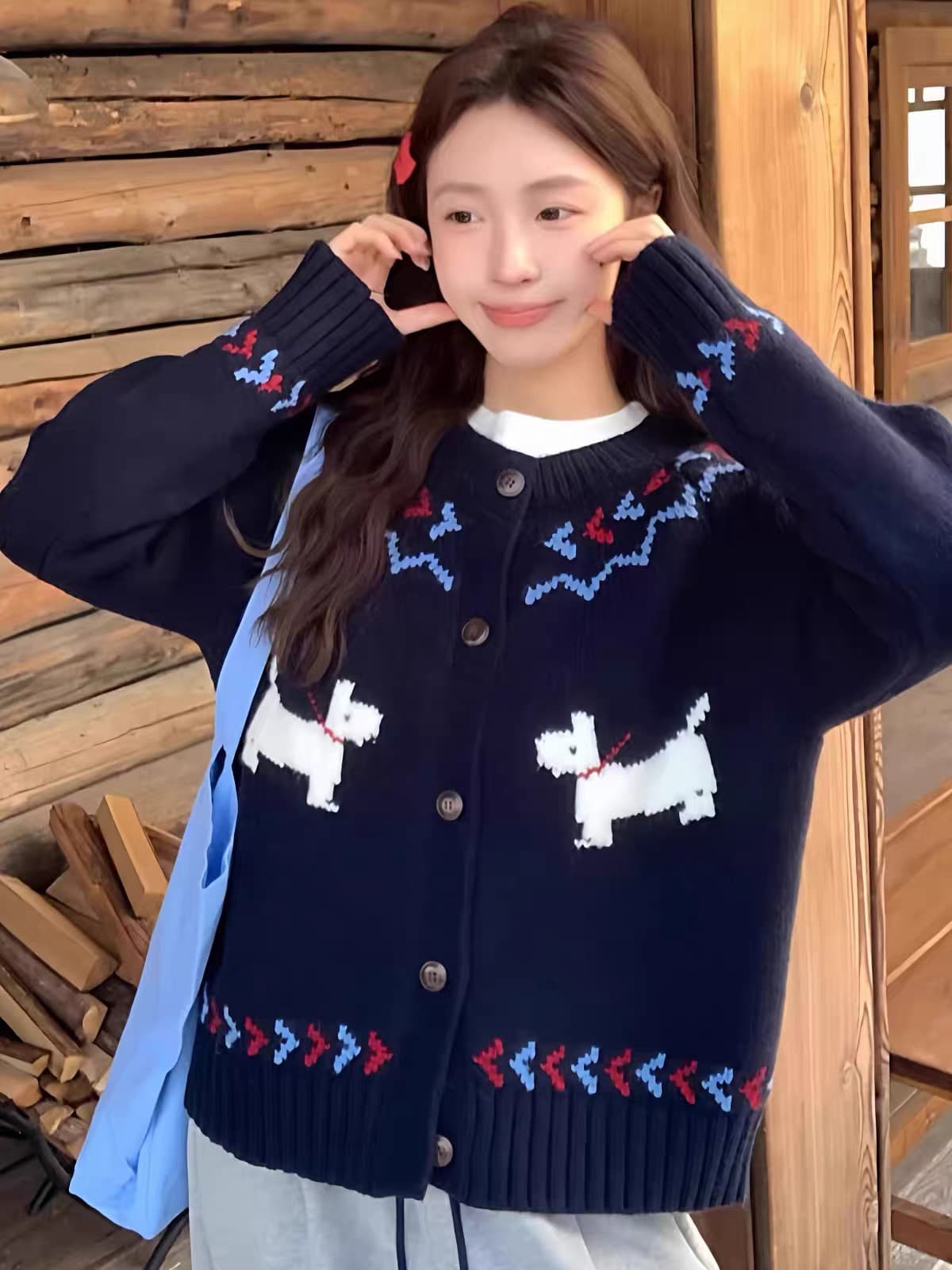한 부서 만화 강아지 자카드 라운드 넥 싱글 줄 버튼 니트 맨위 여성 가을 겨울 루즈핏 슬림해 보이는 다용도 보온 스웨터 상세 이미지 5