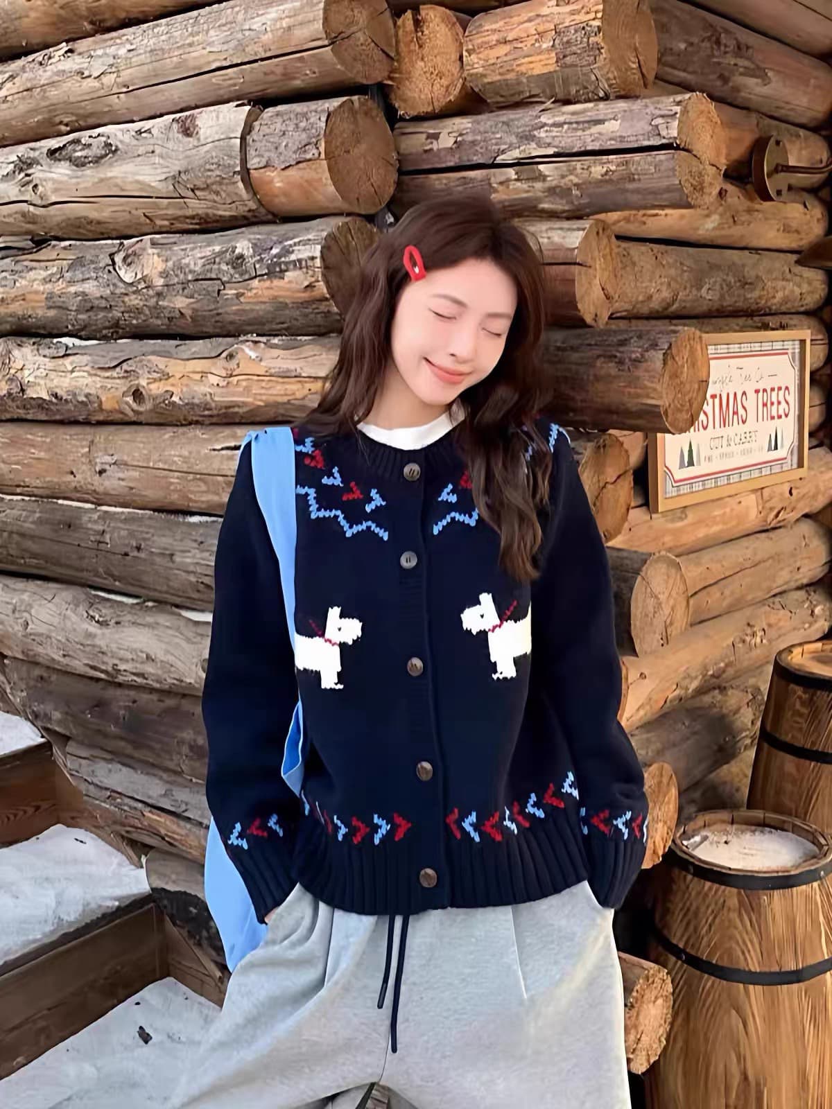 한 부서 만화 강아지 자카드 라운드 넥 싱글 줄 버튼 니트 맨위 여성 가을 겨울 루즈핏 슬림해 보이는 다용도 보온 스웨터 상세 이미지 8