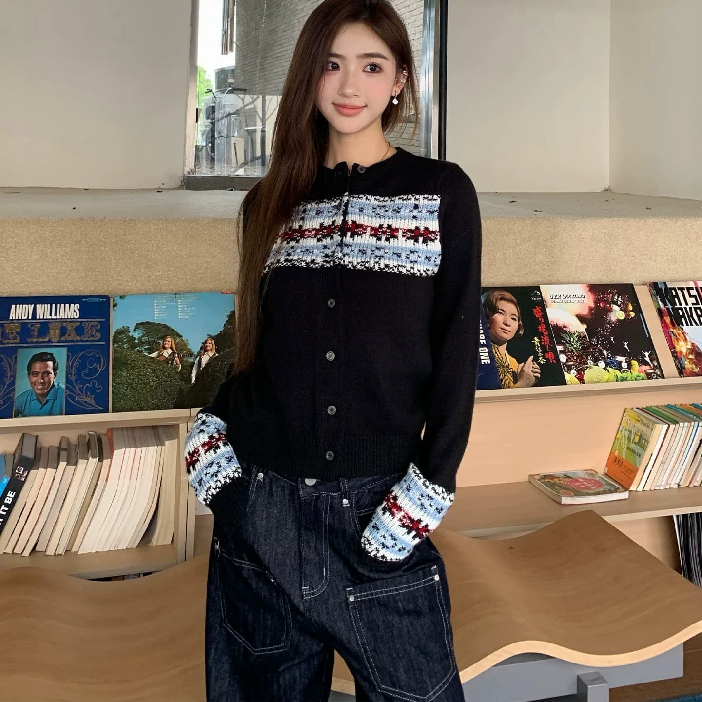 레트로 공정한 섬 자카드 스웨터 니트 오픈 가디건 여성 봄 가을 부드러운 찹쌀 느긋한 긴팔 맨위 이미지 5