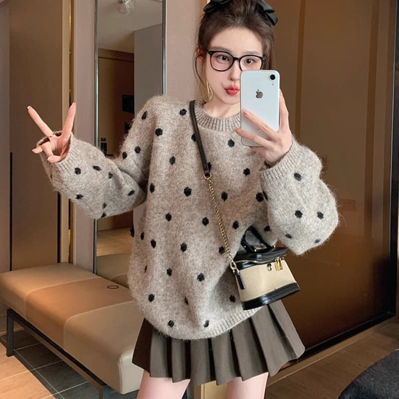 한국 스타일 chic 도트 무늬 가을 겨울 두꺼운 루즈핏 캐주얼 느긋한 바람 인사이드 가져 가라. 니트 스웨터 맨위 상세 이미지 5