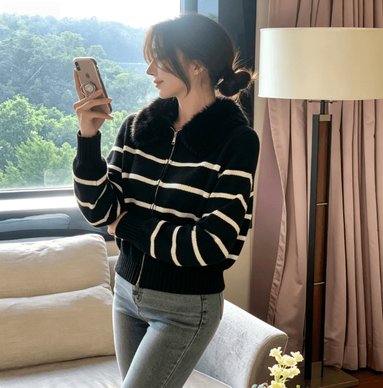 실사 한 인사이드 한 가스 플리스 빅 칼라 스트라이프 스웨터 여자 몸매 가꾸기 쇼트 스타일 지퍼 니트 스웨터 맨위 상세 이미지 11