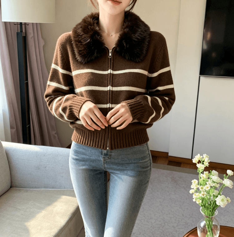 실사 한 인사이드 한 가스 플리스 빅 칼라 스트라이프 스웨터 여자 몸매 가꾸기 쇼트 스타일 지퍼 니트 스웨터 맨위 상세 이미지 12