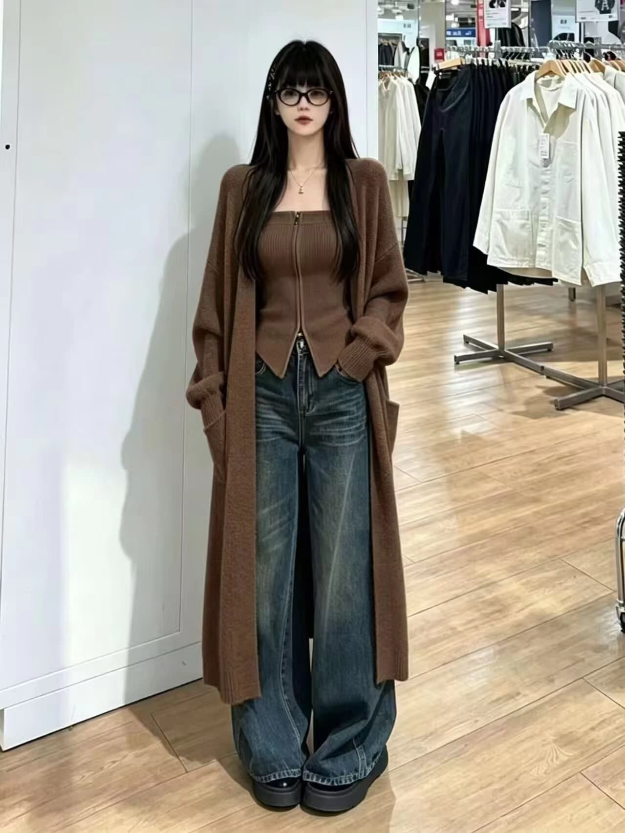한 부서 느긋한 롱 코트 니트 오픈 가디건 여성 와이드 부드러운 찹쌀 무릎 아래 스웨터 코트 인사이드 가져 가라. 지퍼 튜브탑 투피스 세트 이미지 3