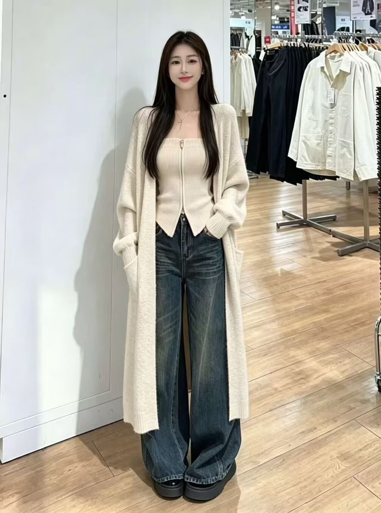 한 부서 느긋한 롱 코트 니트 오픈 가디건 여성 와이드 부드러운 찹쌀 무릎 아래 스웨터 코트 인사이드 가져 가라. 지퍼 튜브탑 투피스 세트 상세 이미지 3