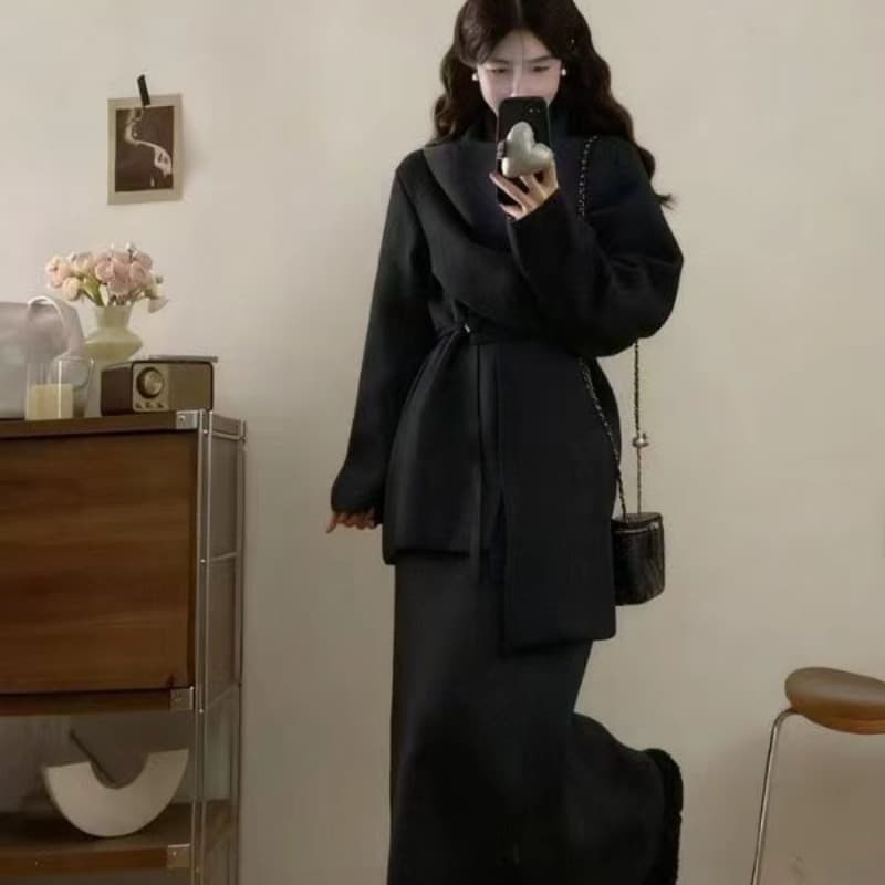 슬림해 보이는 치마 가을 겨울 빅 사이즈 프랑스식 고급 센스 품격 V넥 니트 스웨터 스웨터 반신 스커트 투피스 세트 이미지 5