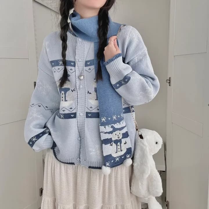 가을 겨울 한 부서 소녀 눈사람 두꺼운 스웨터 느긋한 바람 연령 감소 니트 카디건 코트 경기 스카프 상세 이미지 10