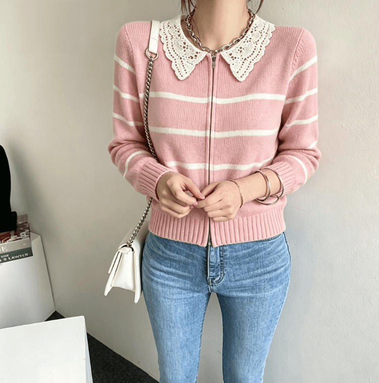 실사 한국 chic 보 주님 폭발 스트라이프 니트 오픈 가디건 레이스 폴로 칼라 지퍼 재킷 이미지 3