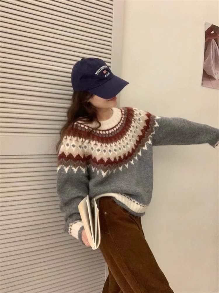 공정한 섬 풀오버 스웨터 여자 가을 겨울 일본식 달콤함 루즈핏 느긋한 바람 크리스마스 디자인 센스 연령 감소 작은 대중 맨위 상세 이미지 2